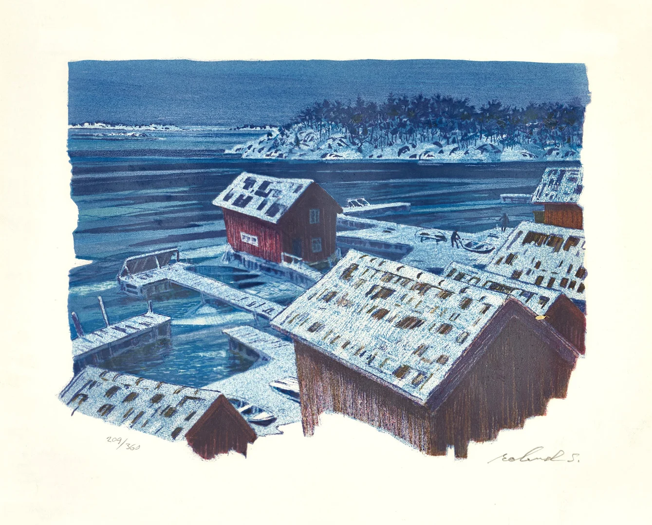 ROLAND SVENSSON (1910-2003), Sandhamn, Vinterskymning, Sandhamn, 1977, signerad och numrerad 209/360, färglitografi. — Engravings & Prints — Crafoord Auktioner Stockholm