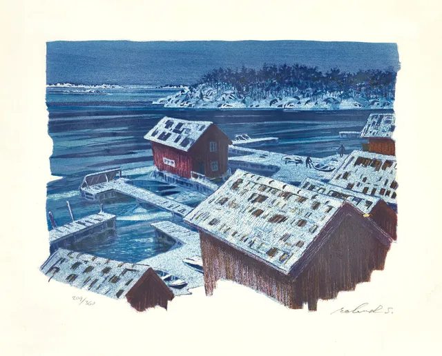 ROLAND SVENSSON (1910-2003), Sandhamn, Vinterskymning, Sandhamn, 1977, signerad och numrerad 209/360, färglitografi.