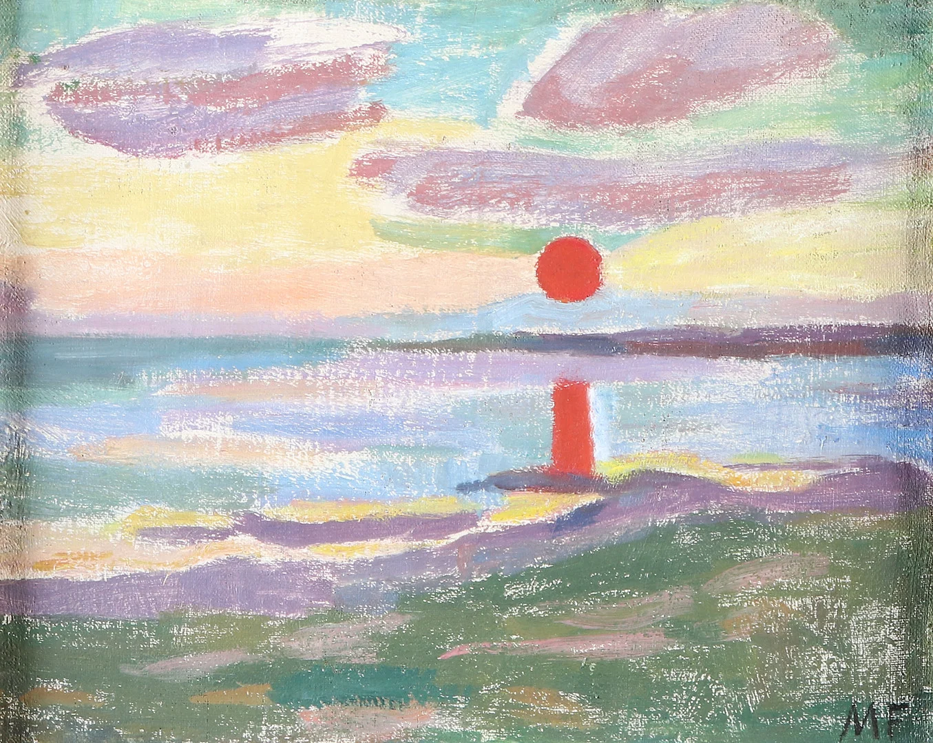 MOLLIE FAUSTMAN. TILLSKRIVEN. Oljemålning på duk. Solnedgång. Signerad MF. — Paintings — Skånes Auktionsverk
