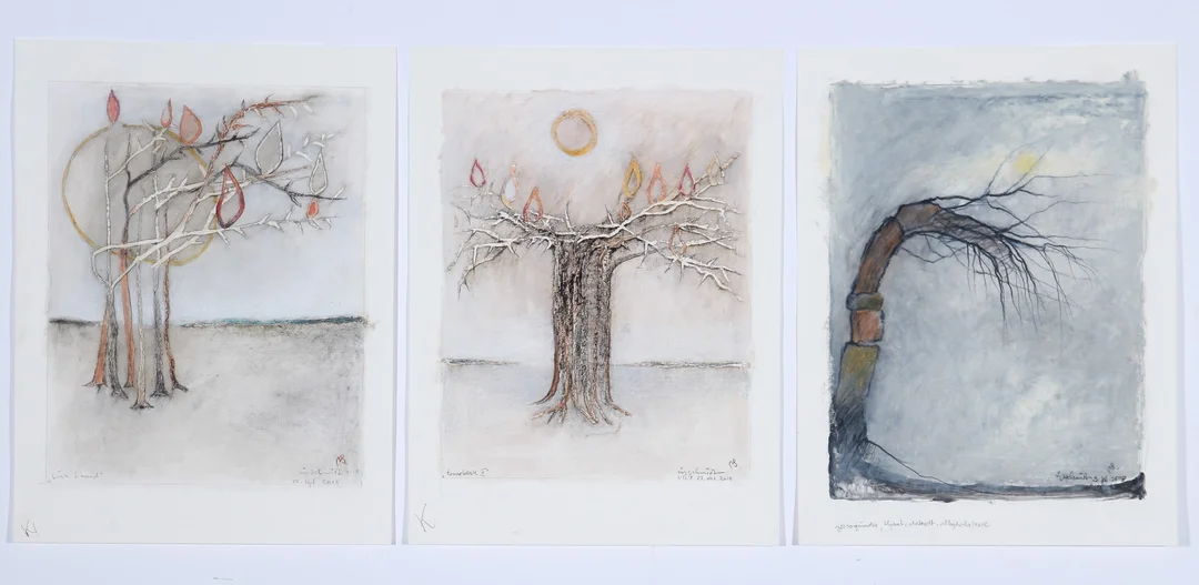 Nis Schmidt. Landscape with trees, 'Thrush II' and 'Burnt bush'. Mixed media on paper. (3) — Paintings and sculptures/Modern pictorial arts — Lauritz