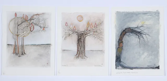 Nis Schmidt. Landscape with trees, 'Thrush II' and 'Burnt bush'. Mixed media on paper. (3)