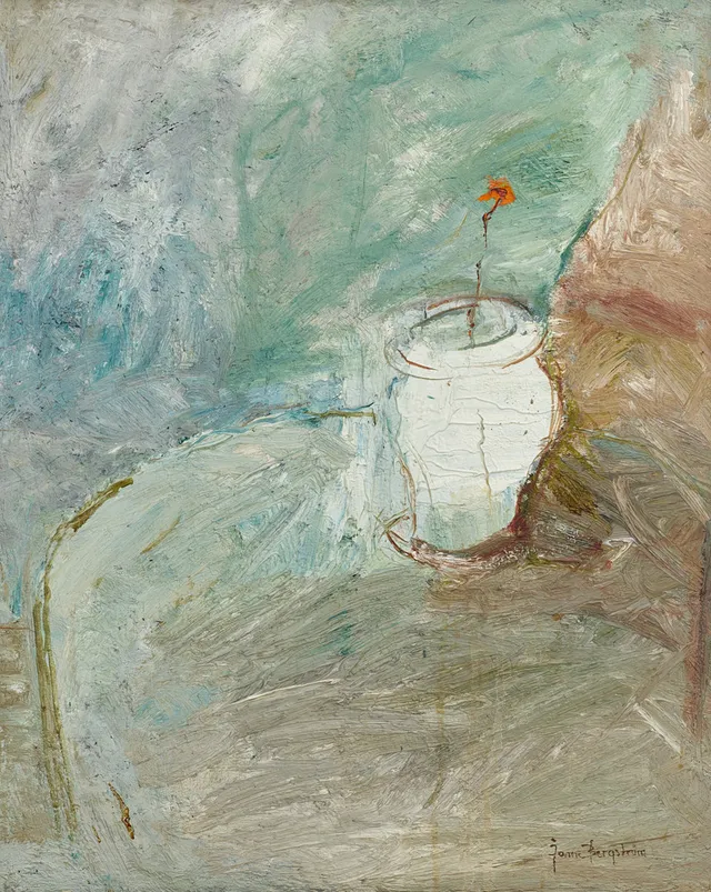 JONNE BERGSTRÖM (1915-1987). "Stilleben med vit vas", signerad, daterad a tergo 1958, olja på duk monterad på pannå.