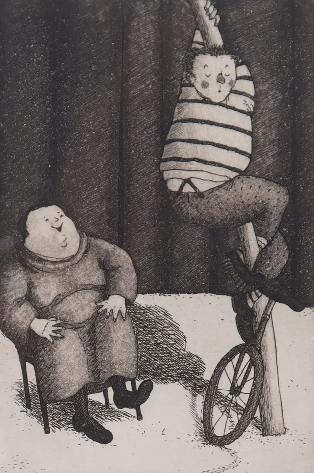 EVA REX. etsning, "Clownkonst".