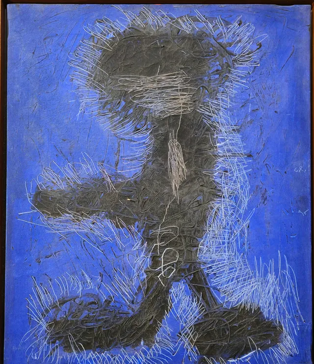 JOAN CRUSPINERA. SOMBRA DE PERSONAJE EN AZUL. ÓLEO SOBRE LIENZO.