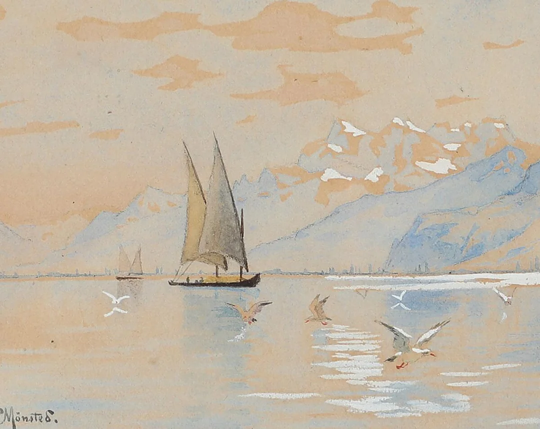 Marine scene with ships at sea. Signed P. Mønsted. Watercolour on paper. Visible size 8×10 cm. — Prints & Drawings — Bruun Rasmussen