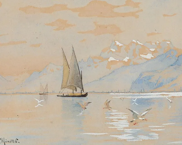 Marine scene with ships at sea. Signed P. Mønsted. Watercolour on paper. Visible size 8×10 cm.