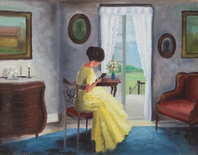 BENTE BERG. olja på duk, Interiörbild med läsande kvinna, signerad, 1900-tal.