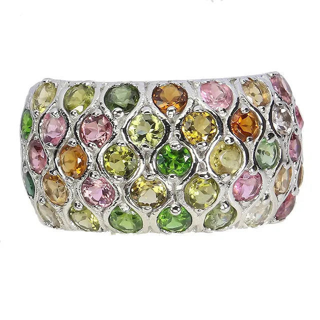 Ring in rhodium-plated Sterling Silver adorned with numerous multi-colored tourmalines, ring size 57