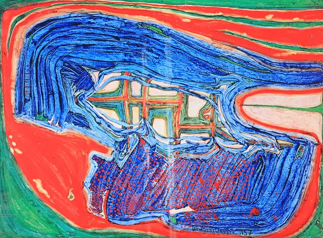 FRIEDENSREICH HUNDERTWASSER. EFTER. Komposition, inglasat tryck.