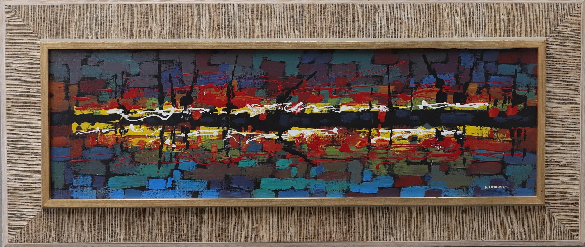 HELGE EUGÉN LINDHOLM. olja på duk, "Hamnen", signerad. — Paintings — Gomér & Andersson Norrköping