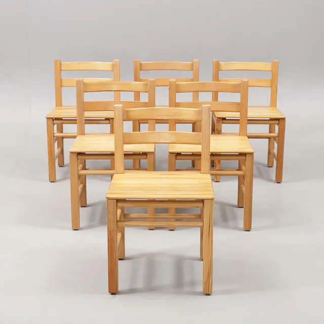 KARIN MOBRING. Stolar, 6 st, furu, "Stabil", Ikea, 1977.