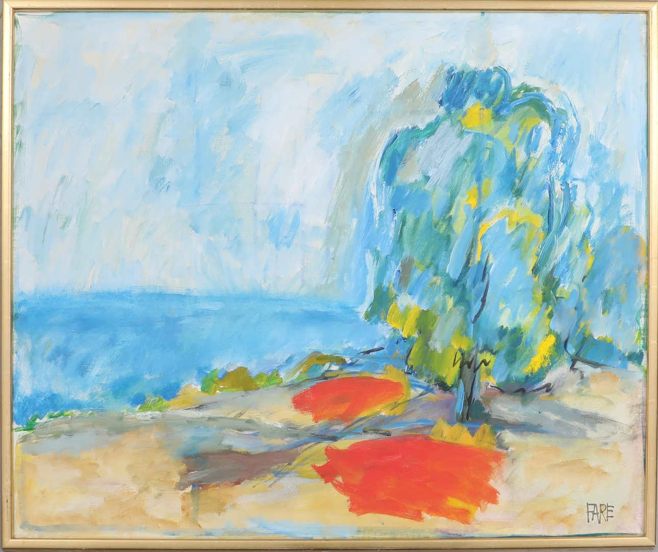 LEOPOLD FARE. Olja på duk, "träd vid havet Knäbäckshusen Österlen", signerad. — Paintings — Södermanlands Auktionsverk