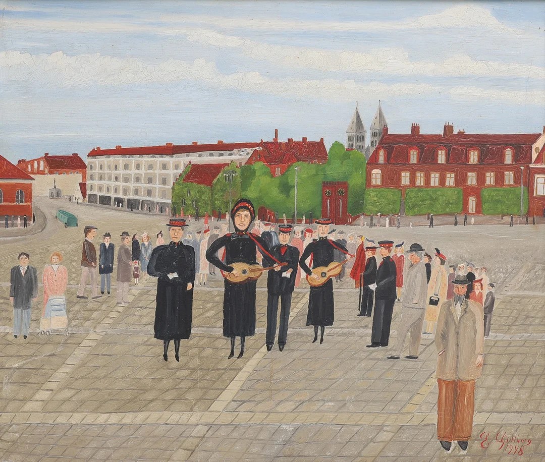 ERNST GULLBERG (1887-1970). "FRÄLSNINGSARMEN (PÅ MÅRTENSTORGET )(LUND), 1948. — Paintings — Crafoord Auktioner Lund