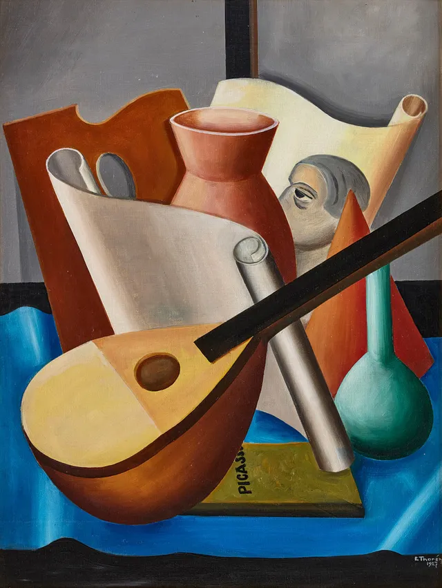 ESAIAS THORÉN. Still life with mandolin and Picasso book.