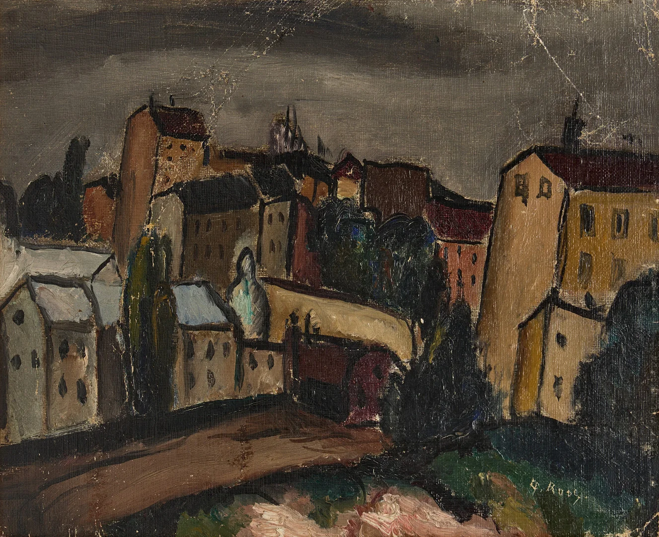 ALEXANDER ROOS (1895-1973). Stockholm - staden, 1920-tal, ristad signatur A. Roos, olja, duk lagd på pannå. — Paintings — Crafoord Auktioner Stockholm