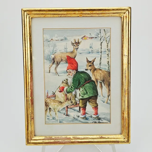 ERIK FORSMAN. Tomte och rådjur. Akvarell och täckvitt, signerad Erik Forsman.