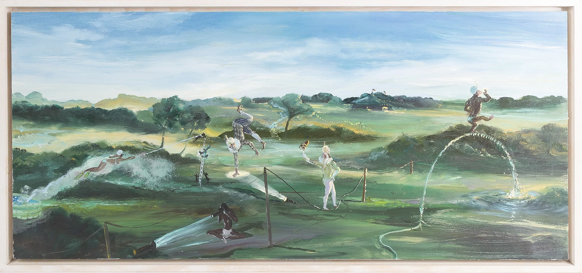 FRULS TILPO (HANS ERIKSSON F.1960-). Fantasilandskap med cirkuskonster, olja på pannå, a tergo med målning. — Paintings — Stockholms Auktionsverk Helsingborg