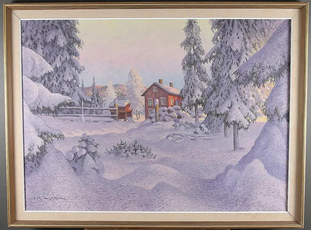 OSCAR LYCKE. Vintertorp, olja på duk, signerad.