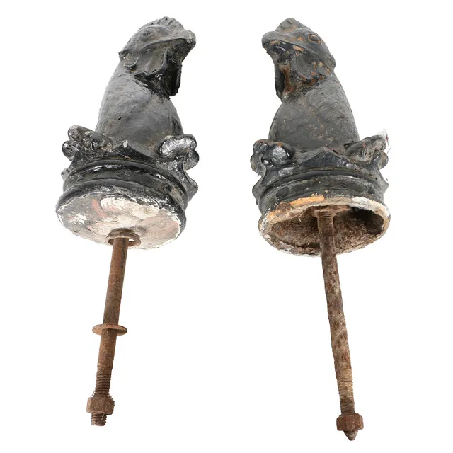 A PAIR OF 19TH CENTURY CAST IRON AND CONCRETE GATE FINIALS MODELLED AS COCKERELS (2).