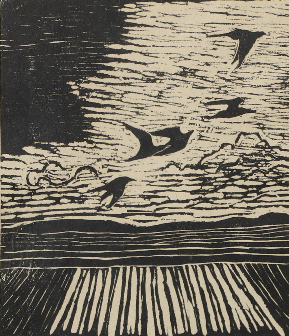 ULLA KRAITZ. Flygande fåglar, träsnitt, signerad 1977. — Engravings & Prints — Helsingborgs Auktionskammare