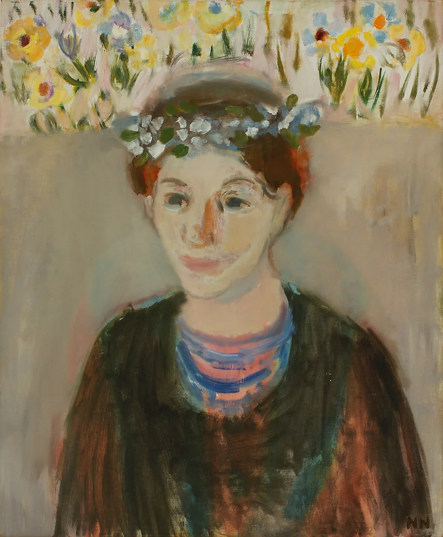 NILS NILSSON (1901-1949). Porträtt av flicka med blomsterkrans. Olja på duk. — Paintings — Göteborgs Auktionsverk