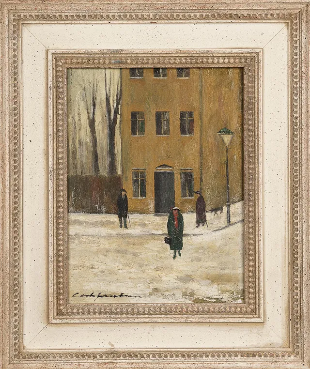 CORT JACOBSEN. Olja på pannå, Folklivscen, Signerad.