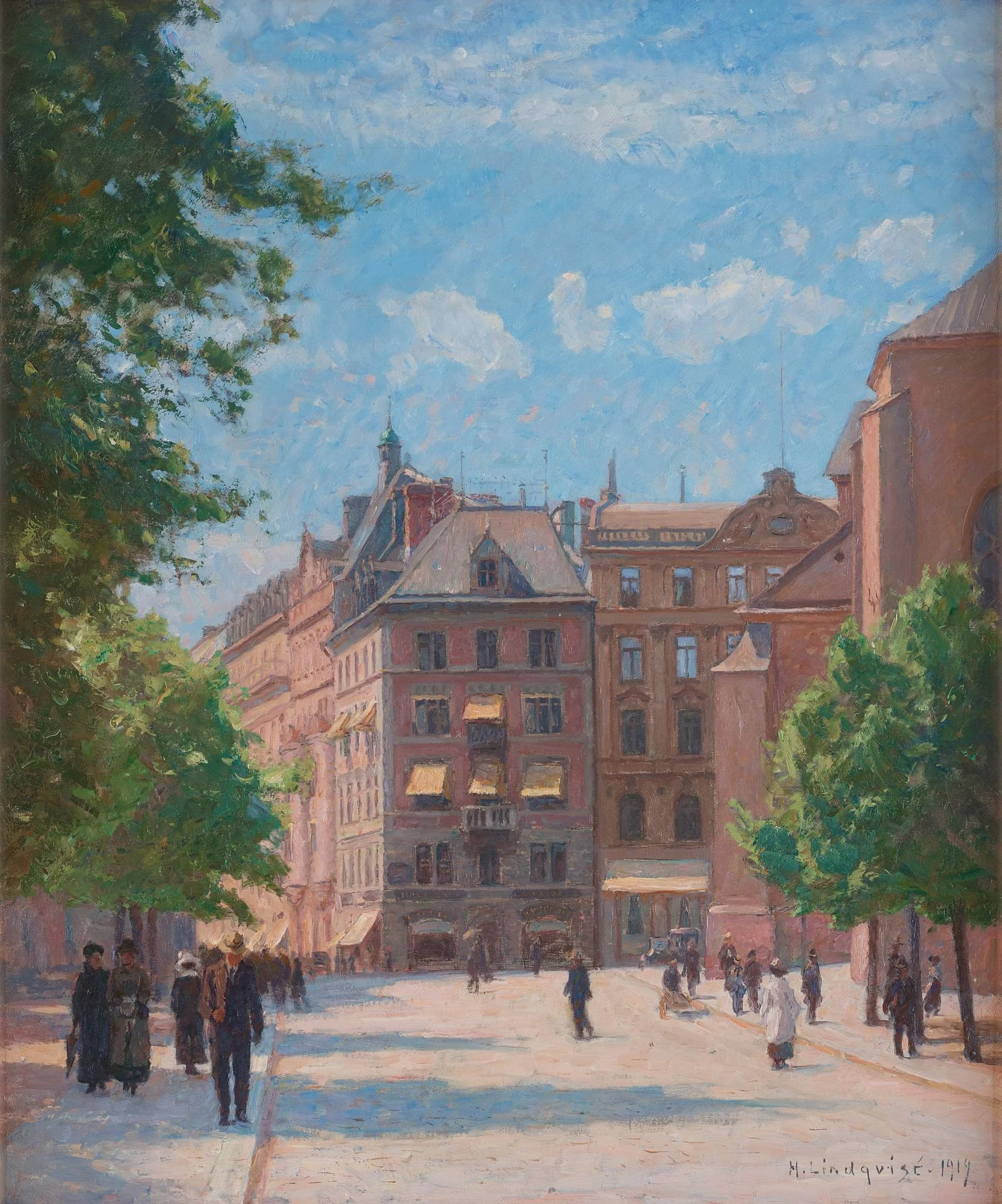 Herman Lindqvist, Sommardag i Kungsträdgården med Carlssonska huset (Danmarks hus) och S:t Jacobs kyrka. — Bukowskis