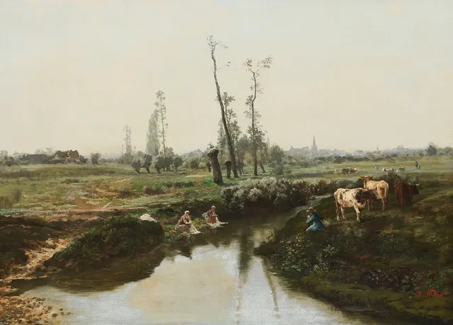BENJAMIN NETTER (1811-1881). Fransk landskabsmotiv med kvinder der vasker ved en flod og græssende kvæg med landsby i horisonten, olie på lærred monteret på plade, signeret.