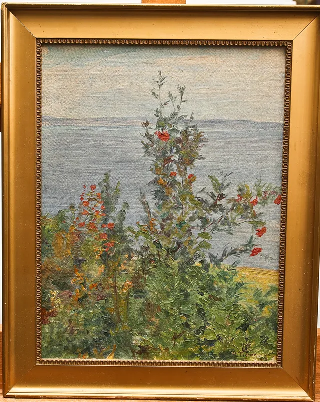 HEDVIG TEGNÉR. Olja på pannå, blommande buske, signerad, daterad 1904.