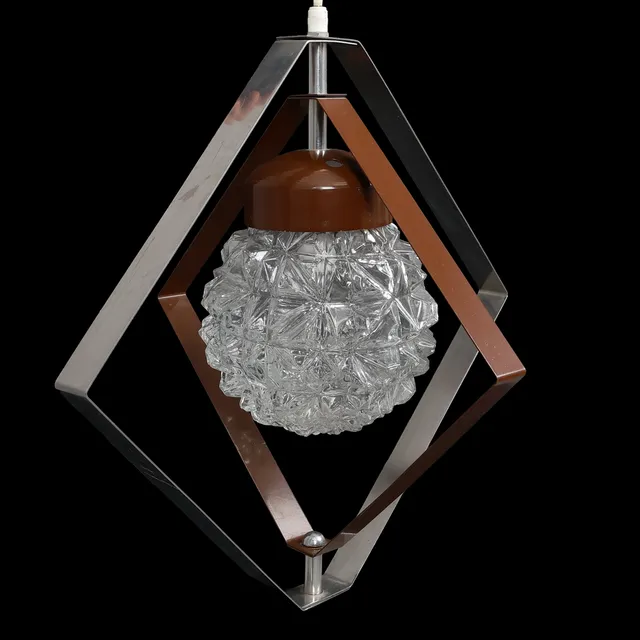 DANISH 1960s CHROME AND BROWN ENAMELLED METAL PENDANT CEILING LIGHT.