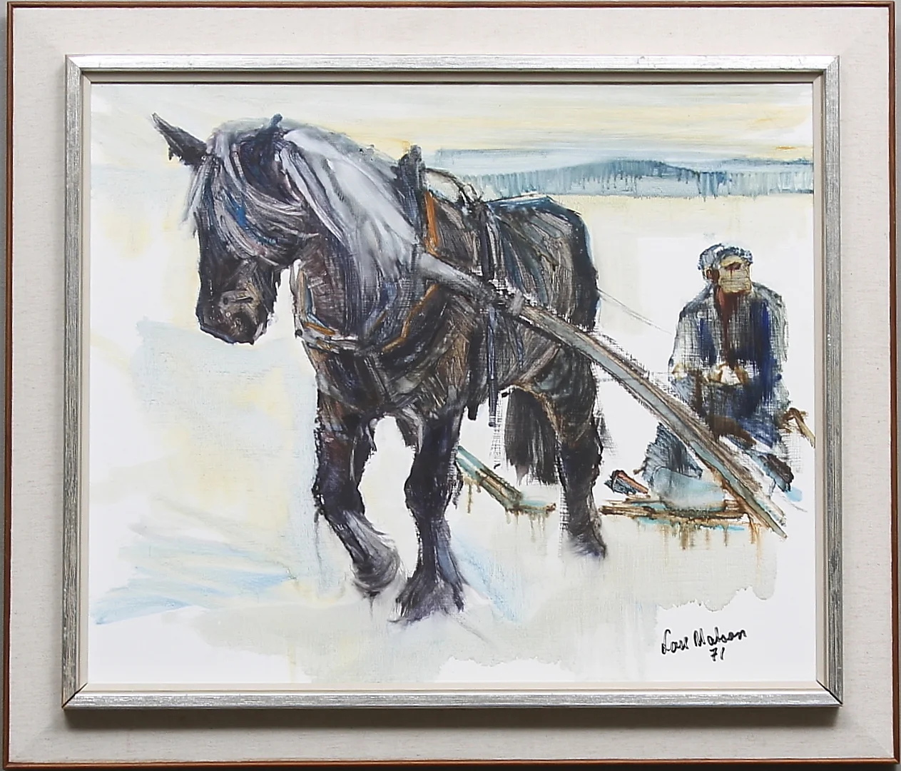 LARS MATSON. Vintermotiv med man och häst. Olja på pannå. Signerad och daterad 71. — Paintings — Gomér & Andersson Linköping