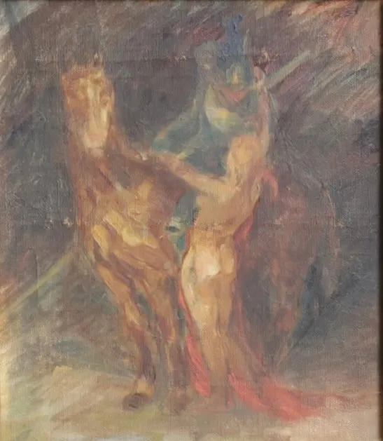 JENS ADOLF JERICHAU (F. ROSKILDE 1890, D. PARIS 1916). TILSKREVET. Olie på lærred, motiv af kvinde og hest. Usigneret.