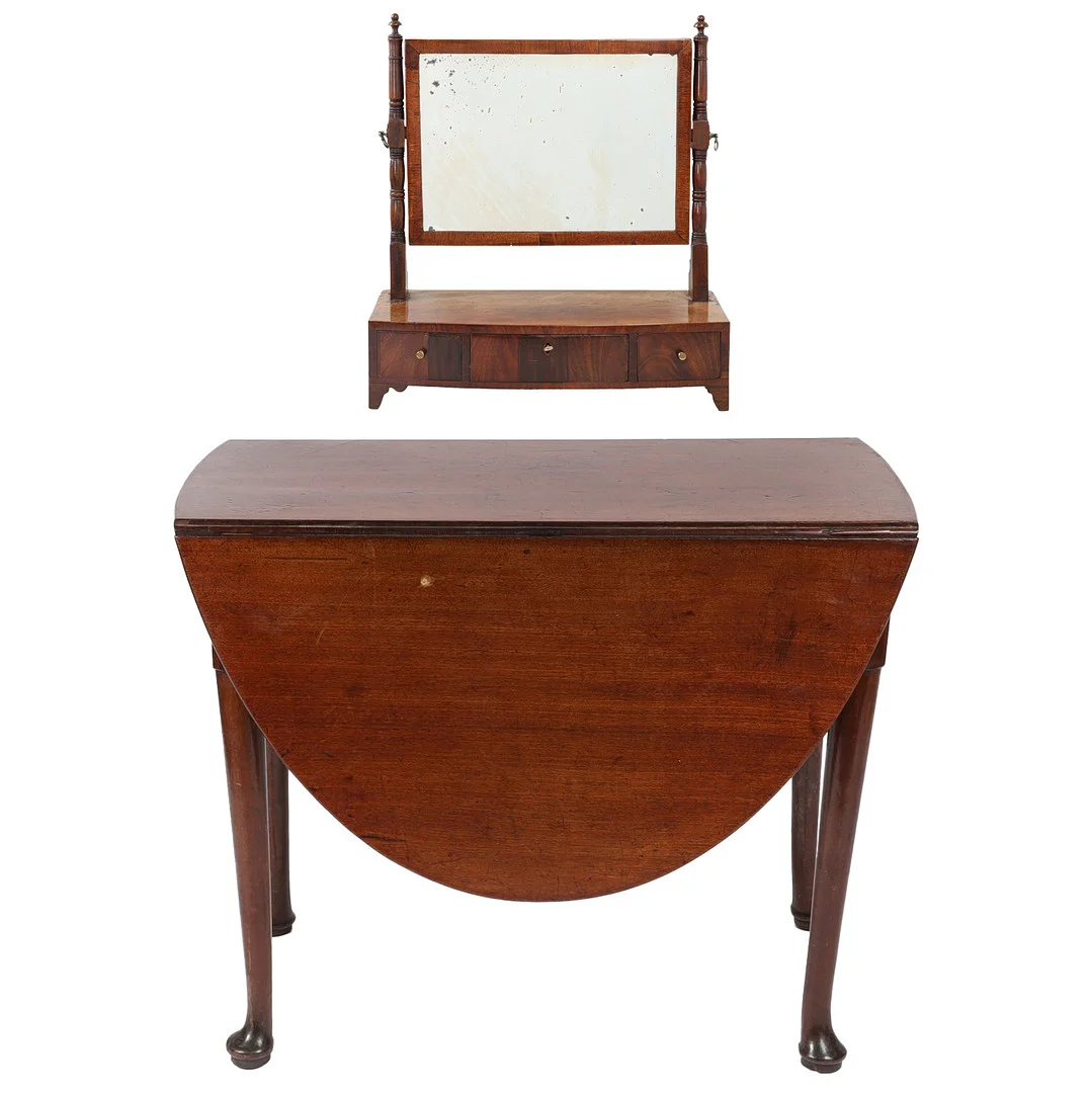 A GEORGE III MAHOGANY DROP LEAF TABLE, CIRCA 1800 AND A 19TH CENTURY MAHOGANY SWING FRAME TOILET MIRROR (2). — Other — Bishop & Miller