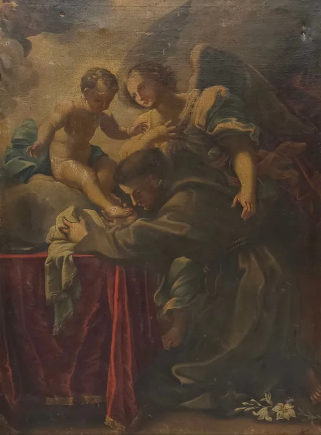 ESCUELA NAPOLITANA, OLEO SOBRE LIENZO, SAN ANTONIO DE PADUA BESADO LOS PIES DE NIÑO JESÚS. SIGLO XVII.