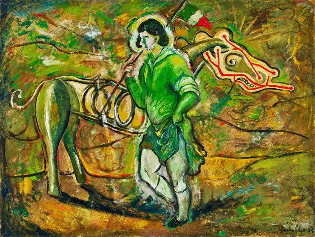 SANDRO CHIA (1946-). Utan titel /Man med häst och fana, olja på duk, 91 x 120 cm.