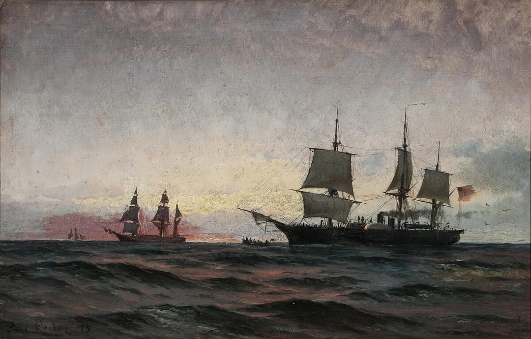 Seascape with a british sailing ship at sunrise. Signed and dated Carl Locher 75. Oil on canvas. 47×73 cm. — Paintings — Bruun Rasmussen
