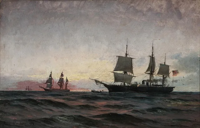 Seascape with a british sailing ship at sunrise. Signed and dated Carl Locher 75. Oil on canvas. 47×73 cm.
