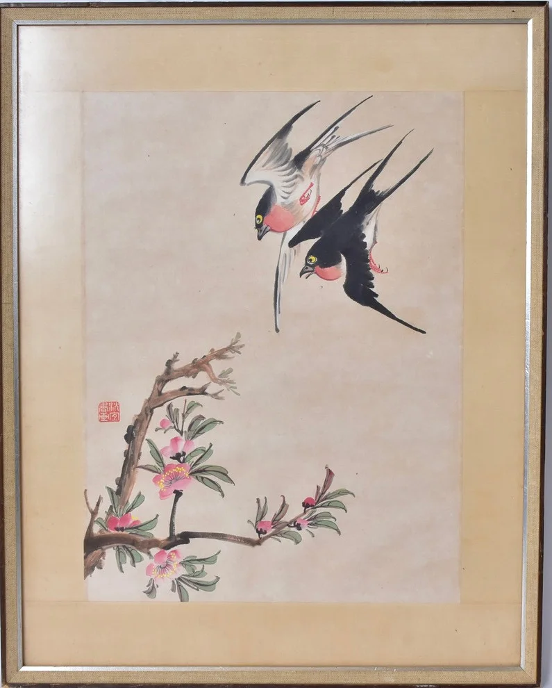 OKÄND KONSTNÄR. akvarell, Kina, svalor och körsbärsgren. — Engravings & Prints — Halmstads Auktionskammare
