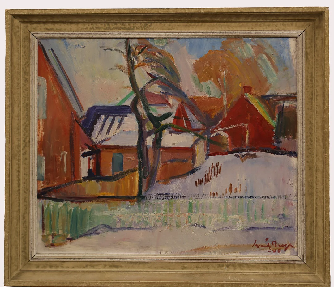 SVANTE BERGH. Olja på pannå, bebyggelse och trädgård, signerad, daterad 1940. — Paintings — Limhamns Auktionsbyrå