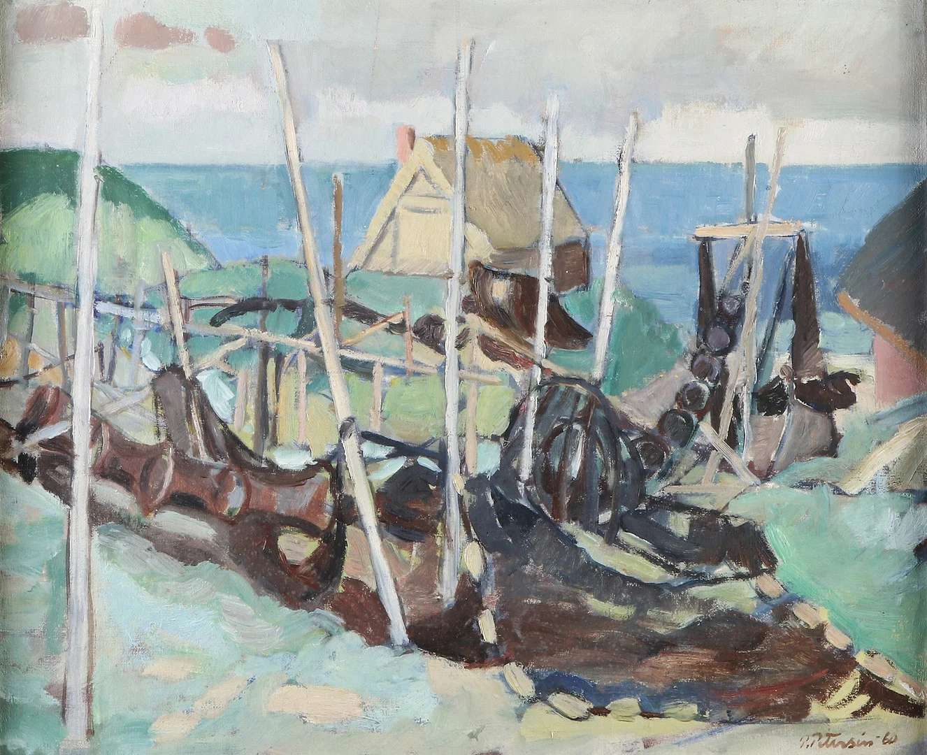 PAUL PETERSÉN. Oljemålning på duk. Motiv från fiskeläge med nät på tork. Signerad och daterad -60. — Paintings — Skånes Auktionsverk