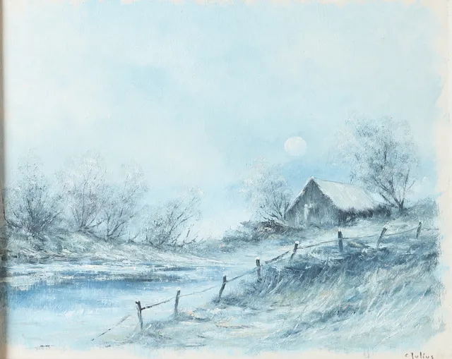 CARL JULIUS. "Vinter i Skåne", olja på duk, signerad C. Julius.
