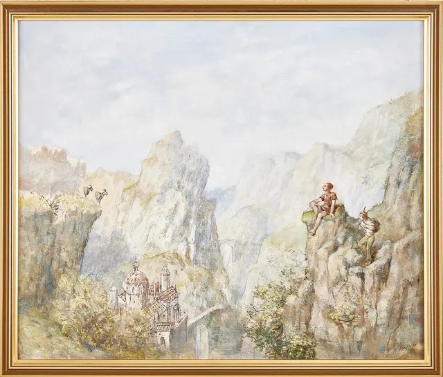 ROBERT HÖGFELDT. Alplandskap med figurer, olja på pannå, signerad.
