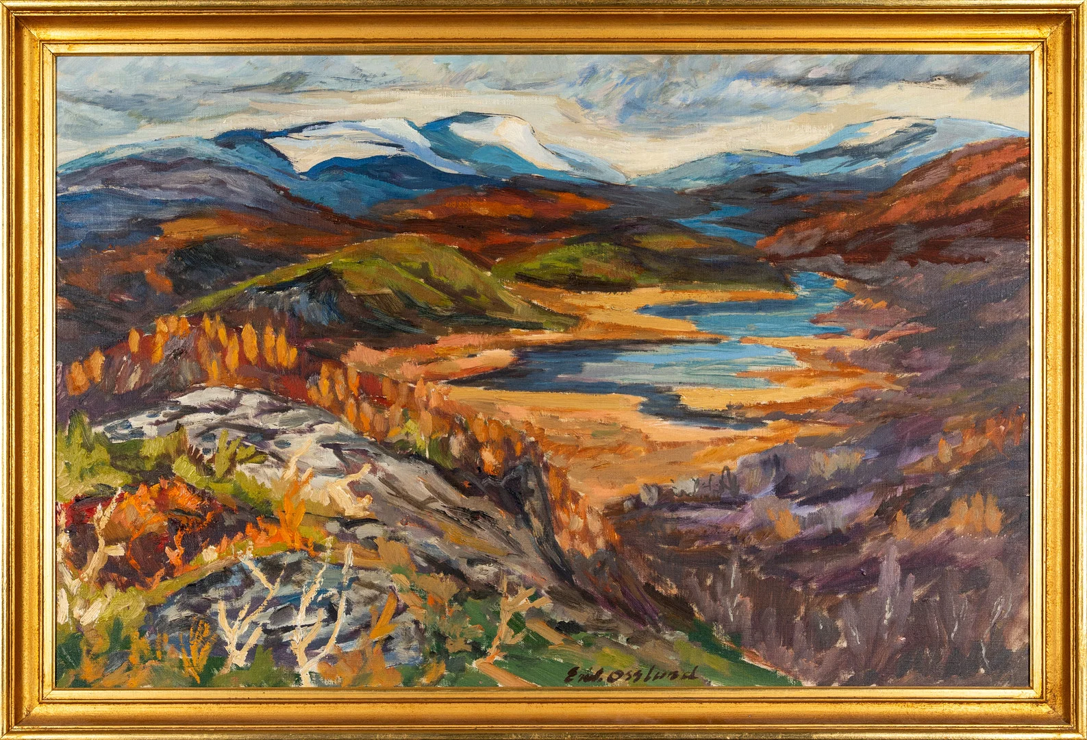 ERIK OSSLUND. Olja på duk "Fjällandskap i höstfärger" Signerad. — Paintings — Norrlands Auktionsverk