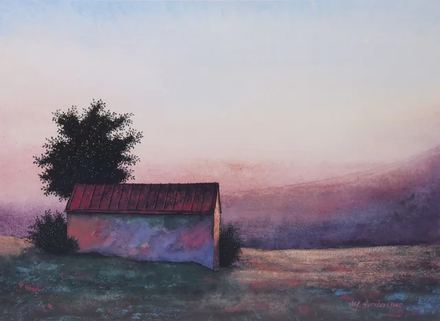 ULF HINDERS. grafiskt tryck, byggnad framför horisont.