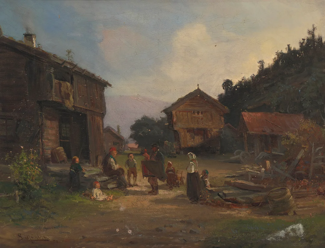 Munthe, Gerhard — Lirekassespiller på gårdsbesøk, 1879 (?) — Kunst/Maleri — Blomqvist