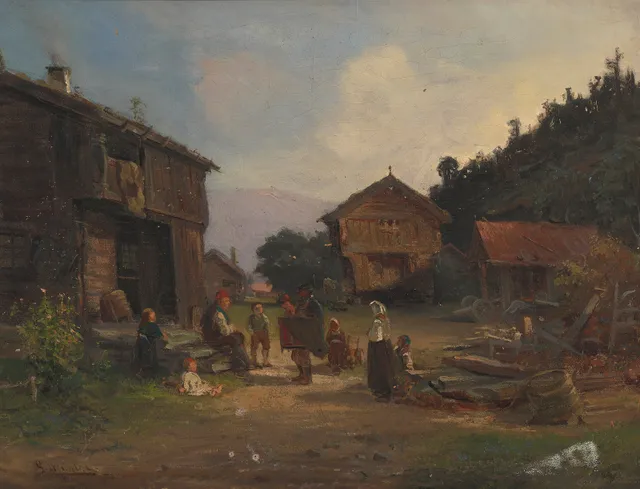 Munthe, Gerhard — Lirekassespiller på gårdsbesøk, 1879 (?)