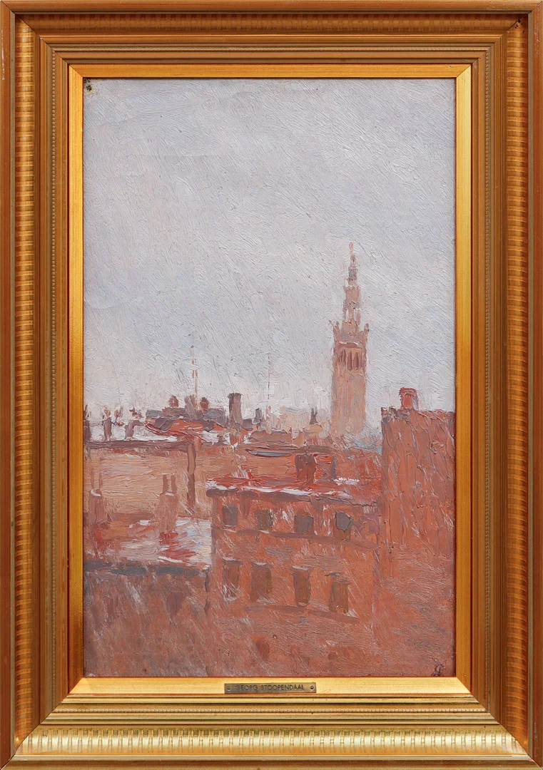 GEORG STOOPENDAAL. "Kyrktorn bakom takåsarna", olja på duk. — Paintings — Göteborgs Auktionsverk
