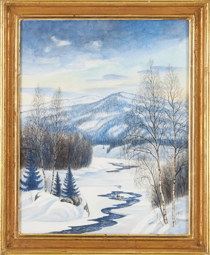 PER JULIUS. Vinterlandskap, akvarell på papper, signerad P. Julius. — Paintings — Stockholms Auktionsverk Magasin 5