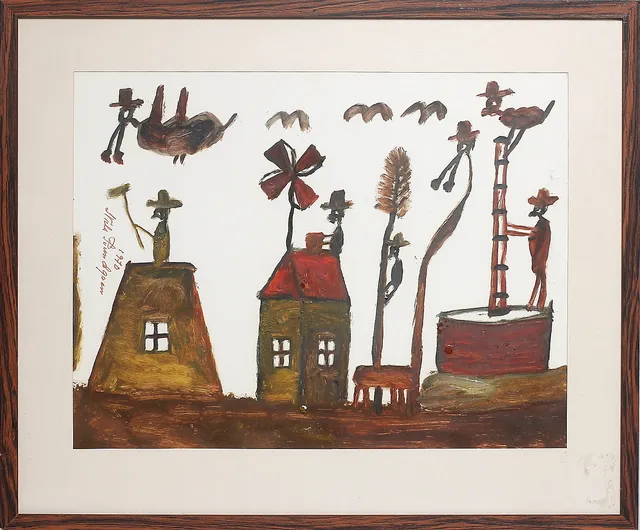 NILS "BJÖRNJÄGARN" RUNDGREN. Naivistisk figurscen, gouache, signerad och daterad 1970.