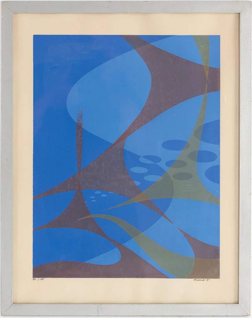NILS NIXON. Komposition mot blått, signerad och daterad Nixon -51, numrerad 94/115, färgserigrafi. — Engravings & Prints — Stockholms Auktionsverk Helsingborg